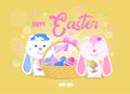 Colorful Happy Easter greeting card with rabbit, bunny, spring flowers and text. Sale banner with Colorful Eggs.Vector illustratio